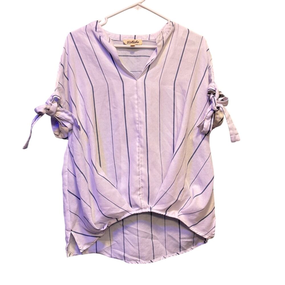 Listicle White and Navy Vertical Stripes Tie-Sleeve Hi-Low Hem Top Size Small